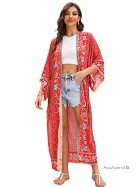 Vintage Floral Print Boho Wrap Cardigan Beach Cover Up Dress